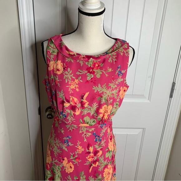 Vintage 90s pink floral drape lettuce hem midi dress size 12 - Picture 2 of 7
